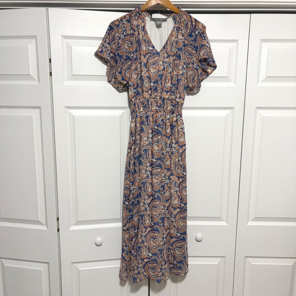 Lark + Grey Paisley Midi Dress Womens M Blue Cottagecore Flutter Fall Boho